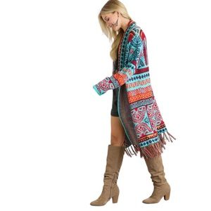 Boho Southwest Aztec Women's M Cardigan Fringed Sweater Turquoise